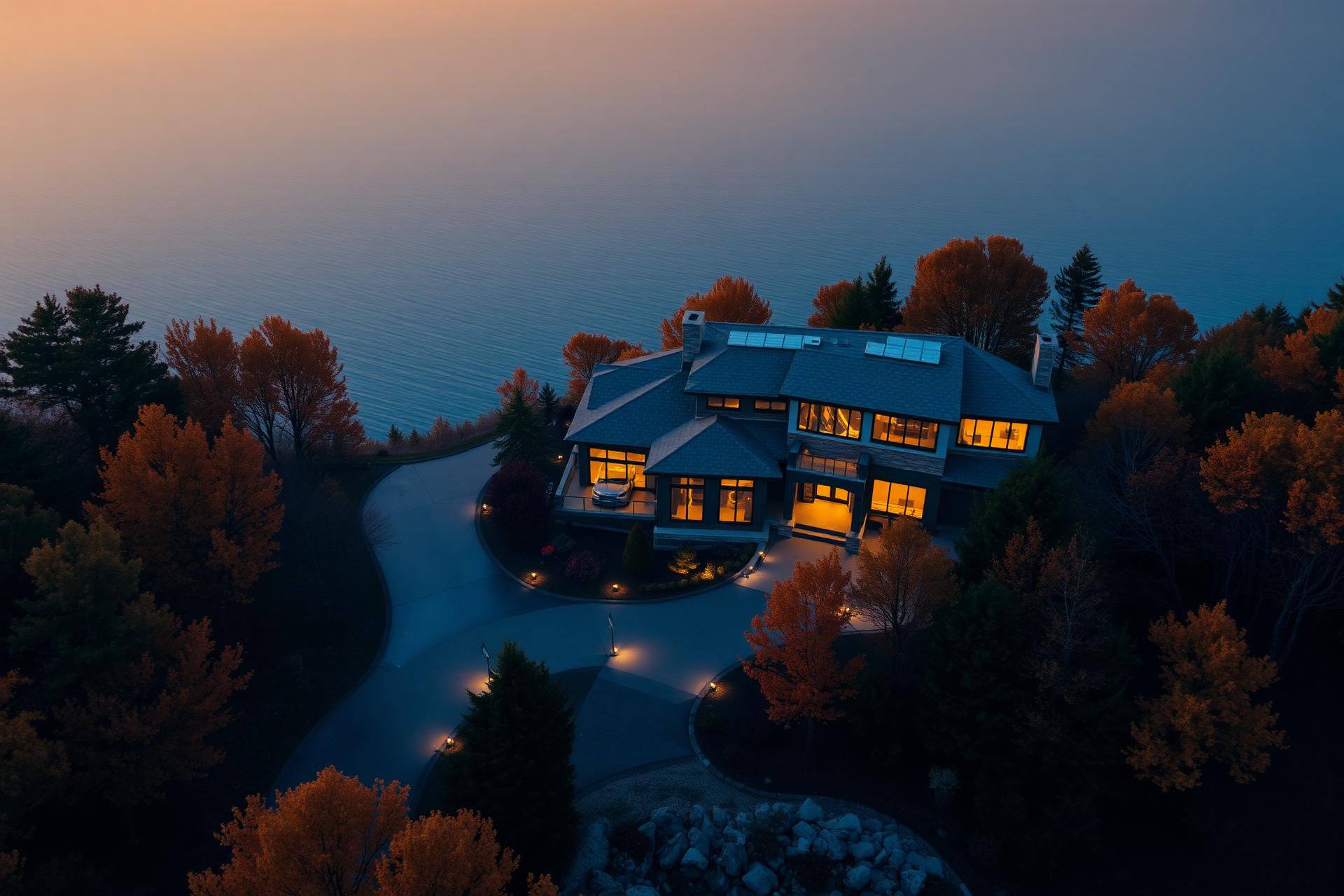 Aerial cinematic shot of a luxury waterfront home at golden hour